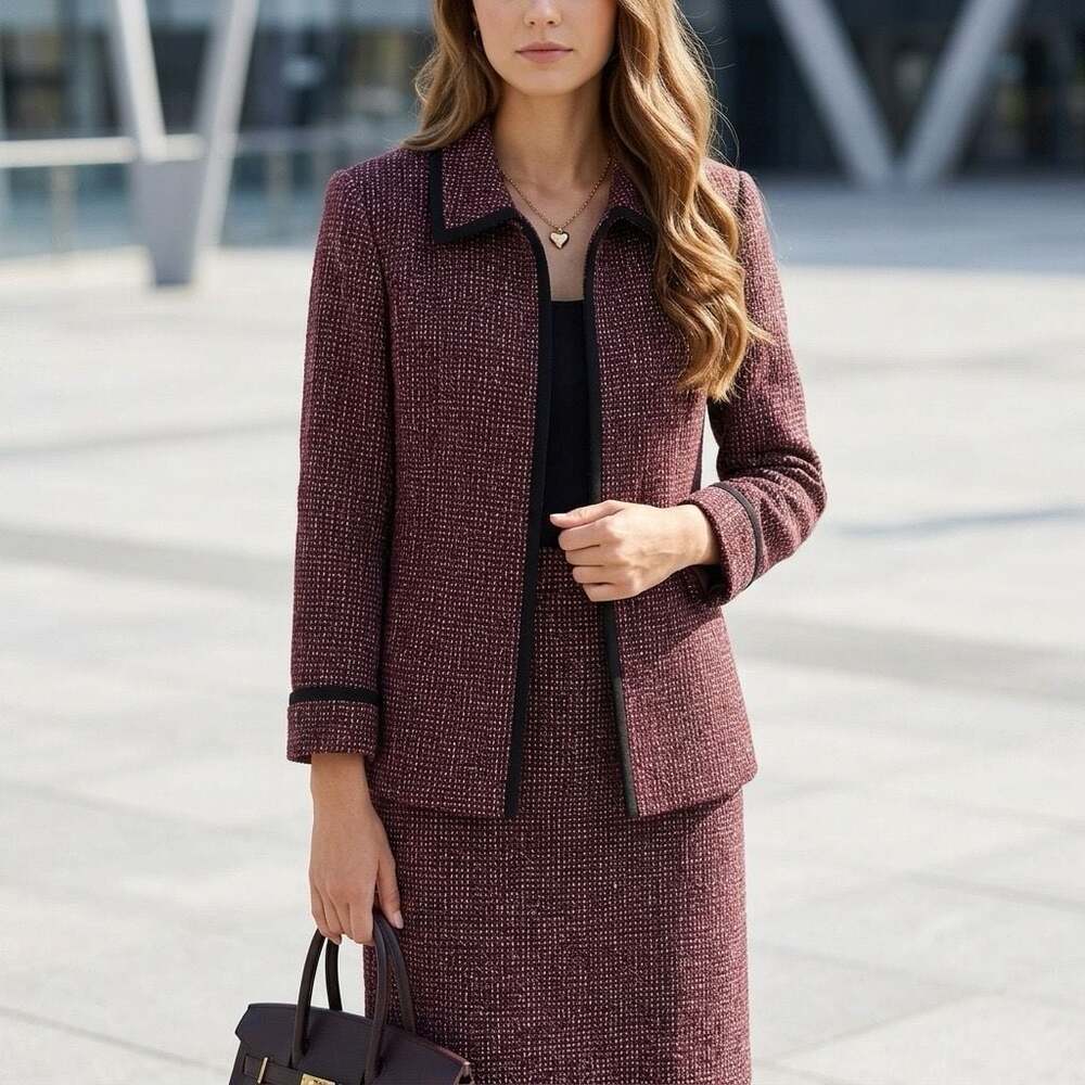 Preston & York Women's Two-Piece Burgundy Tweed Jacket and Skirt Set